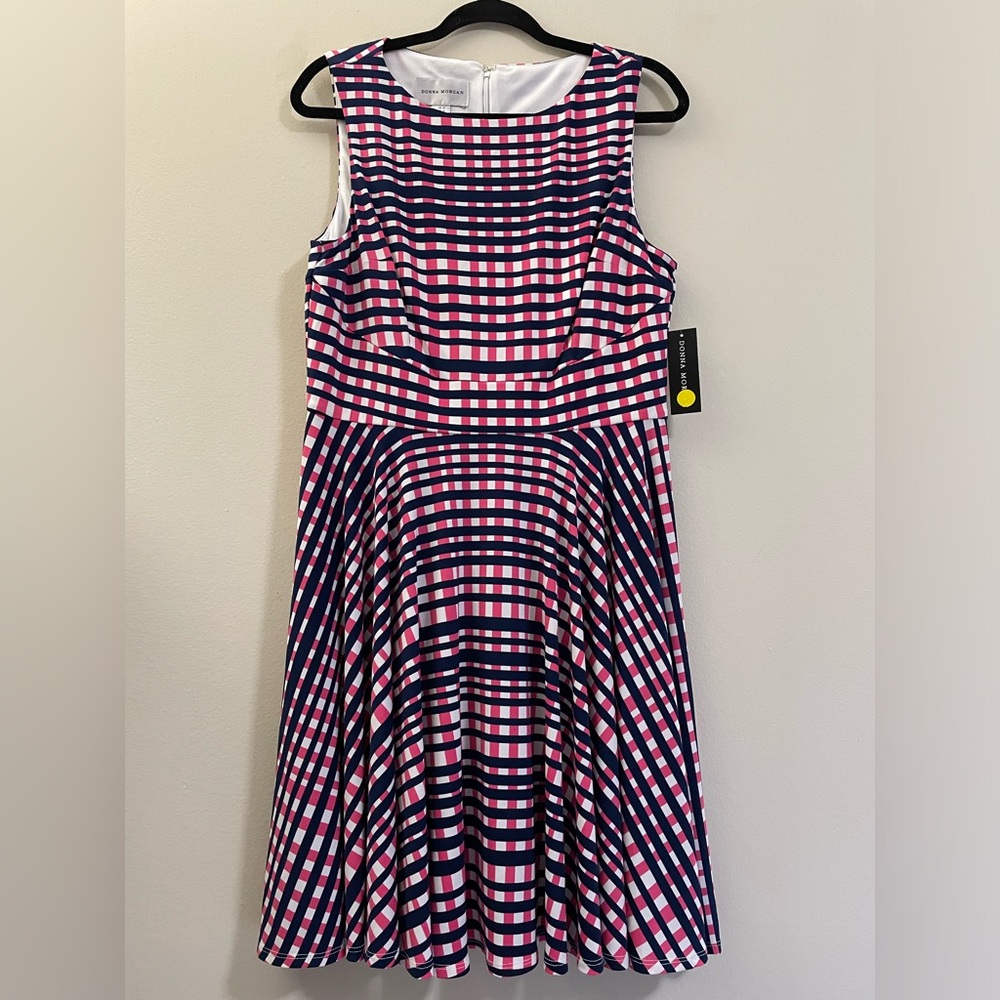 NWT Donna Morgan Plaid A-Line Sleeveless Dress in Navy,‎ Pink, & White - 12